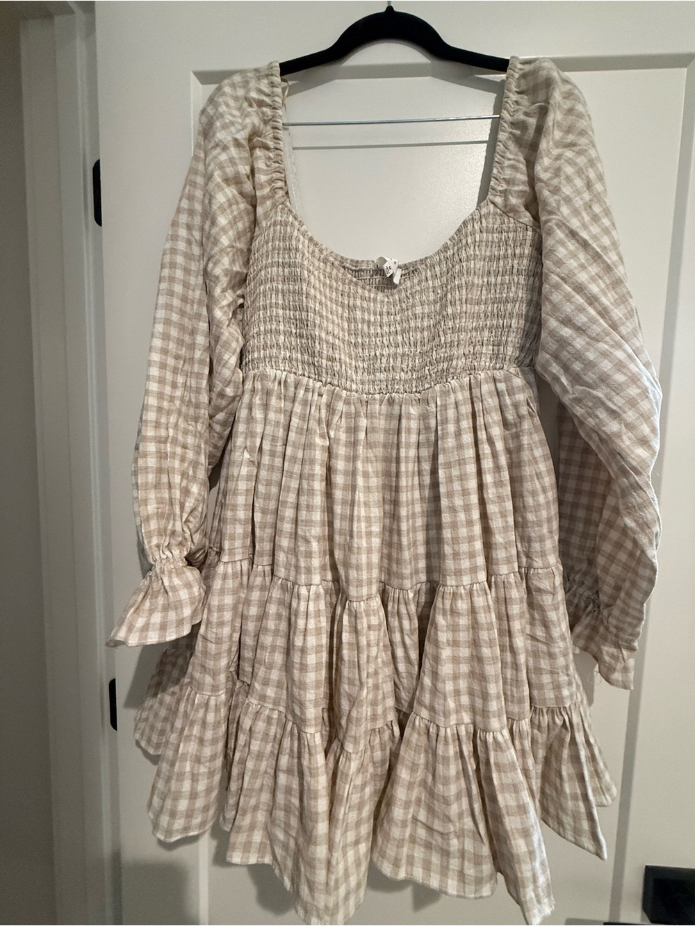 Beige Gingham Smocked Tiered Dress